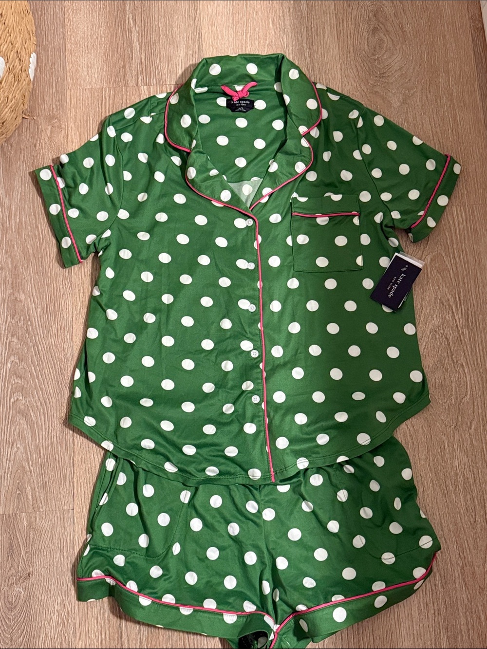 kate spade Green and White Polka Dot Kids Pajama Set with Pink Trim